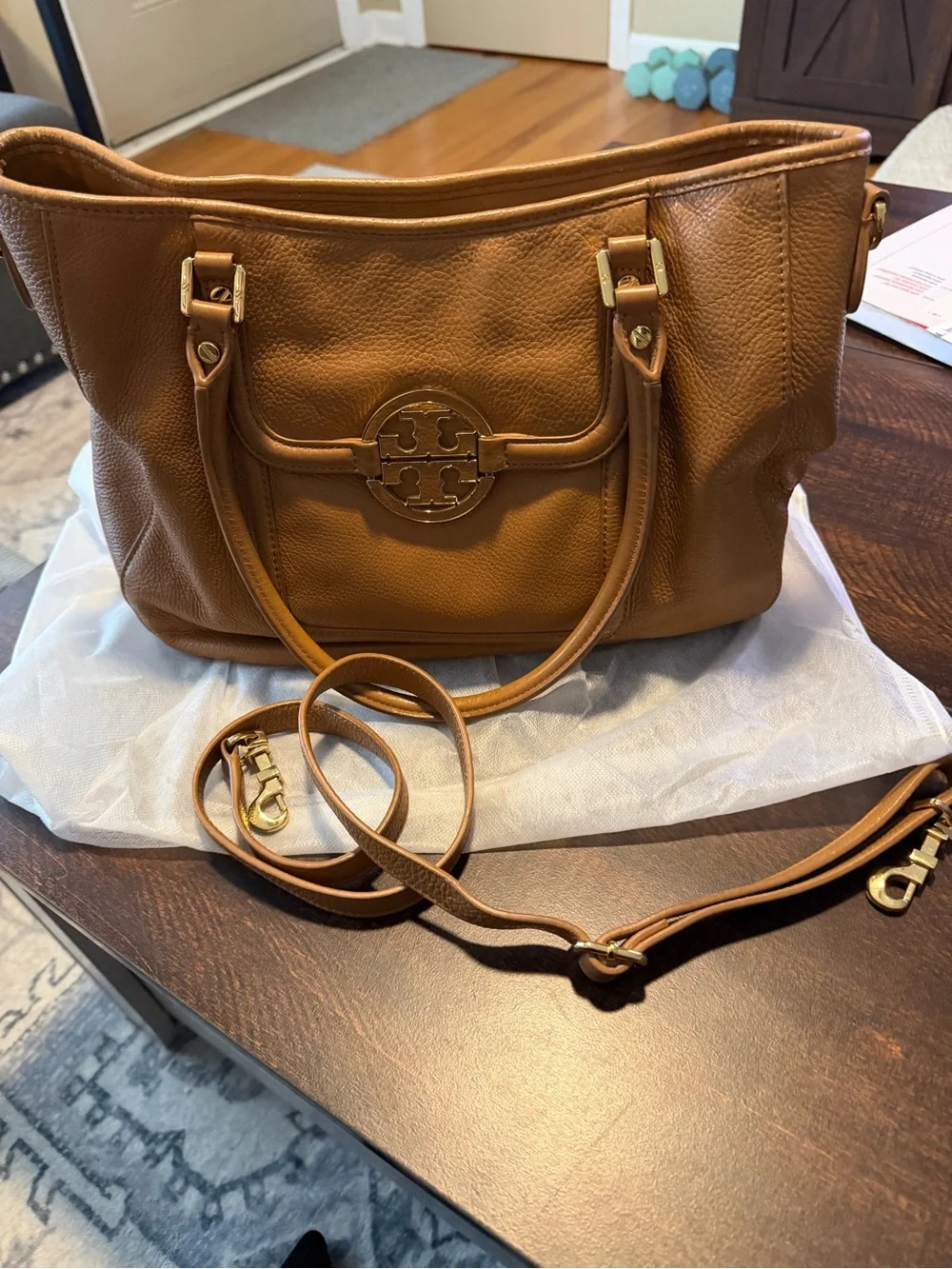 Tory Burch Tan Pebbled Leather Tote with Logo Medallion